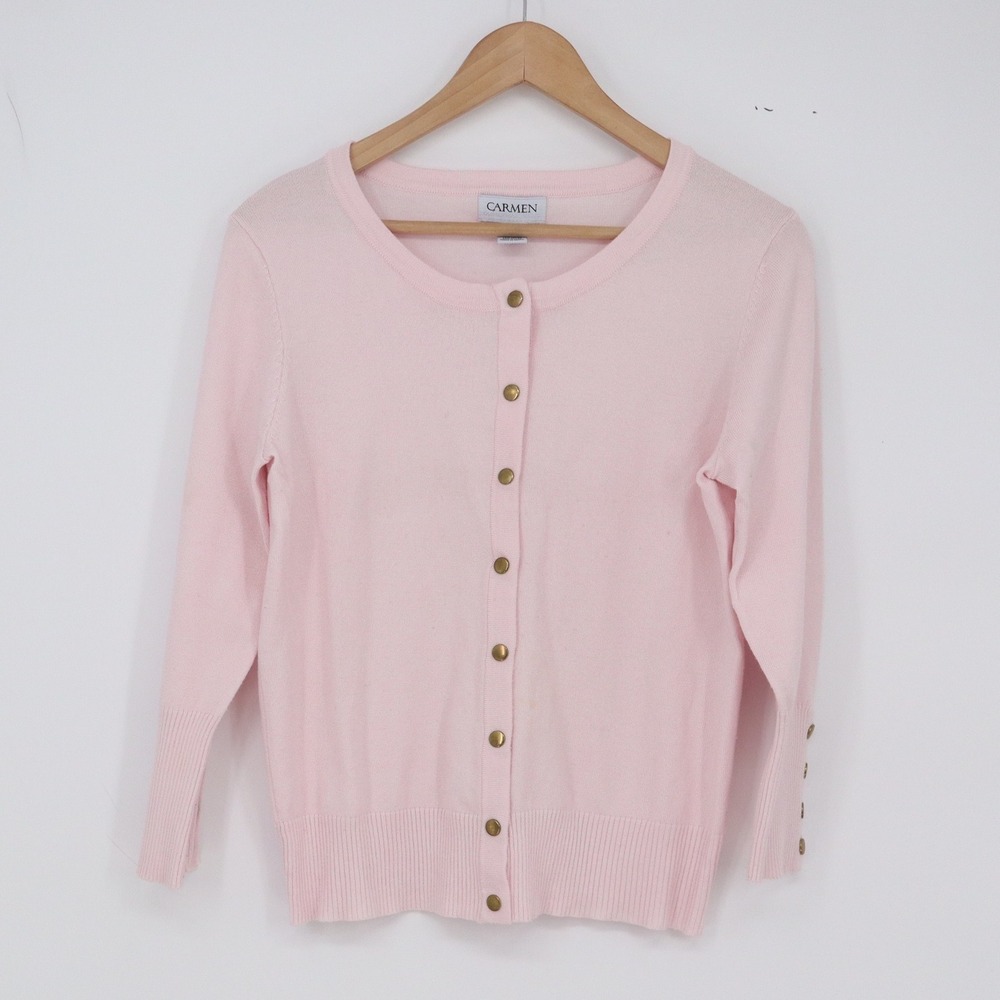 Carmen Marc Valvo Cardigan Womens M Pink Gold Button Front Long Sleeve Excellent